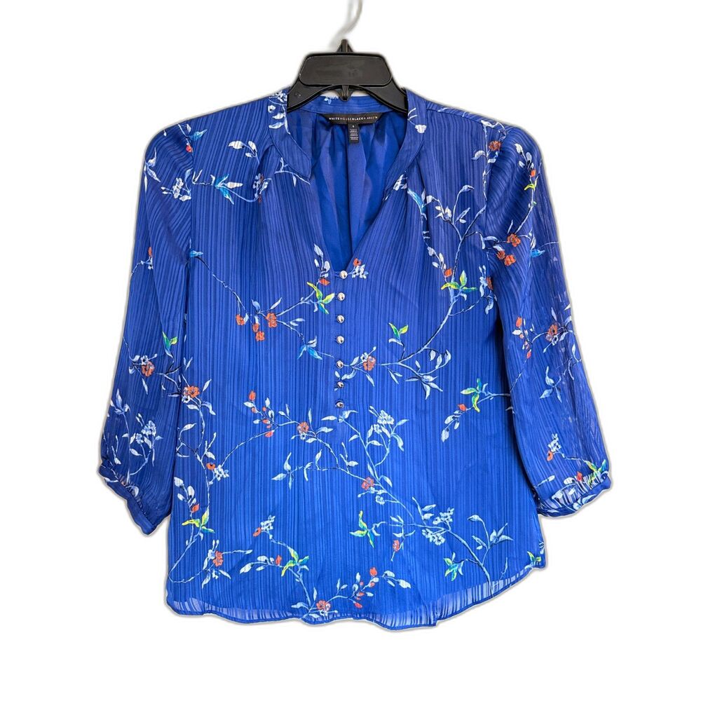 White House Black Market‎ Blue Floral Shadow Stripe Blouse Size 4
